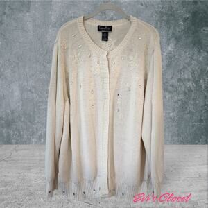 Reference Point Ladies Cream Knitted Sweater Cardigan With Beads Size 2X